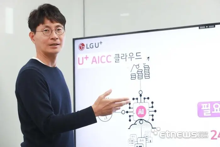 박성율 LG유플러스 전무가 AICC 사업 전략에 대해 소개하고 있다.